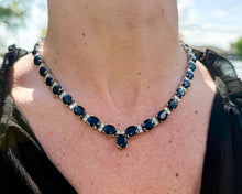 Load image into Gallery viewer, Estate Oval Sapphire And Diamond Necklace on a neck.