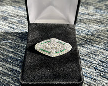 Load image into Gallery viewer, Vintage platinum, diamond and emerald brooch.
