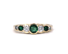 Load image into Gallery viewer, Bezel Set Emerald And Diamond Ring Front View.
