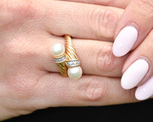 Load image into Gallery viewer, 14K Yellow Gold Bypass Pearl And Diamond Ring