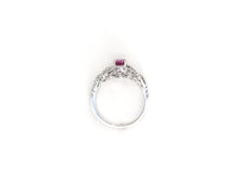 Load image into Gallery viewer, 18K white gold oval ruby and diamond ring through view.