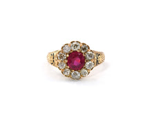 Load image into Gallery viewer, Antique yellow gold, enamel, ruby, and diamond ring.