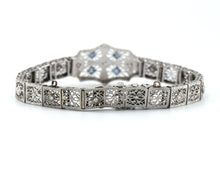Load image into Gallery viewer, Antique 14K White Gold Diamond And Sapphire Bracelet With Filigree