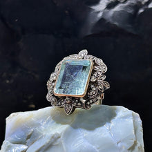 Load image into Gallery viewer, Antique 14k Rose Gold and Sterling Silver Aquamarine and Diamond Ring
