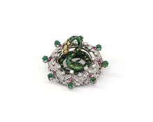 Load image into Gallery viewer, 14K white gold + yellow gold, diamond, enamel, ruby, and emerald enchanting snake brooch/pendant.