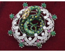 Load image into Gallery viewer, 14K white gold + yellow gold, diamond, enamel, ruby, and emerald enchanting snake brooch/pendant.