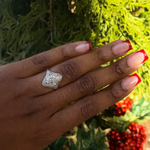 Load image into Gallery viewer, Vintage Platinum Ring Set With Old European, Old Mine, And Round Brilliant cut Diamonds on a Hand with Red Nails.