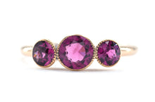 Load image into Gallery viewer, Vintage retro 14K rose gold and pink tourmaline three stone ring.