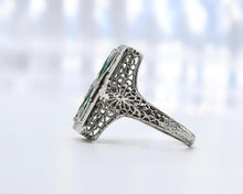 Load image into Gallery viewer, Antique 1920's Emerald And Diamond Filigree Ring