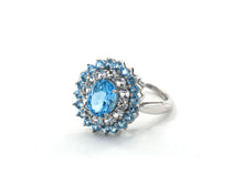 Load image into Gallery viewer, 10k white gold, blue topaz and white sapphire halo cocktail ring