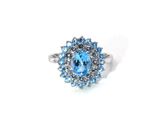 Load image into Gallery viewer, Blue topaz and white sapphire halo cocktail ring