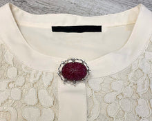 Load image into Gallery viewer, 14K White Gold Carved Ruby and Diamond Brooch