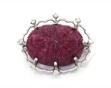 Load image into Gallery viewer, 14K White Gold Carved Ruby and Diamond Brooch