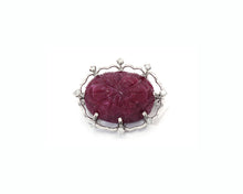 Load image into Gallery viewer, 14K White Gold Carved Ruby and Diamond Brooch