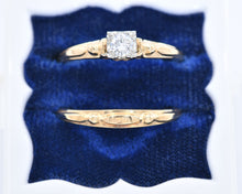 Load image into Gallery viewer, 14K yellow gold + 18k white gold diamond engagement ring and wedding band set.