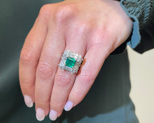 Load image into Gallery viewer, Estate 18K white gold ring set with emerald and diamonds.