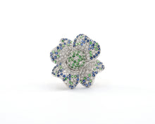 Load image into Gallery viewer, 18K white gold diamond, blue sapphire, and green garnet flower cocktail ring.