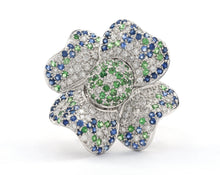 Load image into Gallery viewer, 18K white gold diamond, blue sapphire, and green garnet flower cocktail ring.