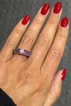 Load image into Gallery viewer, This 18k white gold statement ring features two fancy-shaped cabochon cut amethyst separated by a dome of pave diamonds.