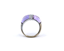 Load image into Gallery viewer, This 18k white gold statement ring features two fancy-shaped cabochon cut amethyst separated by a dome of pave diamonds.