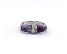 Load image into Gallery viewer, This 18k white gold statement ring features two fancy-shaped cabochon cut amethyst separated by a dome of pave diamonds.