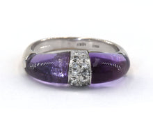 Load image into Gallery viewer, This 18k white gold statement ring features two fancy-shaped cabochon cut amethyst separated by a dome of pave diamonds.