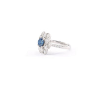 Load image into Gallery viewer, 18K white gold fancy blue and white diamond flower ring.