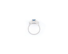 Load image into Gallery viewer, 18K white gold fancy blue and white diamond flower ring.