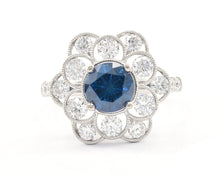 Load image into Gallery viewer, 18K white gold fancy blue and white diamond flower ring.