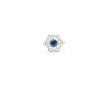 Load image into Gallery viewer, 18K white gold fancy blue and white diamond flower ring.