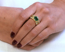 Load image into Gallery viewer, 18K yellow gold ring set with green tourmaline and diamonds.