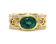 Load image into Gallery viewer, 18K yellow gold ring set with green tourmaline and diamonds.