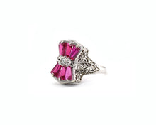 Load image into Gallery viewer, Vintage 14K White Gold Lab Created Ruby Filigree Bow Ring.