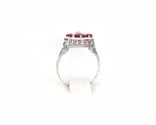 Load image into Gallery viewer, Vintage 14K White Gold Lab Created Ruby Filigree Bow Ring.