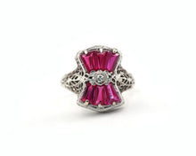 Load image into Gallery viewer, Vintage 14K White Gold Lab Created Ruby Filigree Bow Ring.