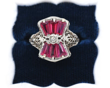 Load image into Gallery viewer, Vintage 14K White Gold Lab Created Ruby Filigree Bow Ring.