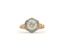 Load image into Gallery viewer, Antique 14K yellow and white gold ring set with a round brilliant cut diamond.