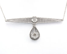 Load image into Gallery viewer, 14k White Gold Vintage Bar Pendant Necklace Set With Old Mine cut Diamonds