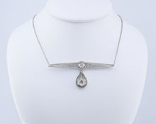 Load image into Gallery viewer, 14k White Gold Vintage Bar Pendant Necklace Set With Old Mine cut Diamonds