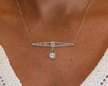 Load image into Gallery viewer, 14k White Gold Vintage Bar Pendant Necklace Set With Old Mine cut Diamonds