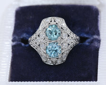 Load image into Gallery viewer, Antique platinum blue zircon and diamond ring.