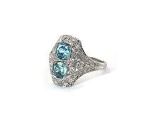 Load image into Gallery viewer, Antique platinum blue zircon and diamond ring.