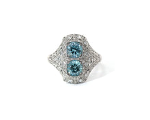 Load image into Gallery viewer, Antique platinum blue zircon and diamond ring.