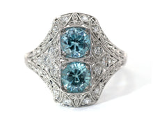 Load image into Gallery viewer, Antique platinum blue zircon and diamond ring.