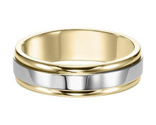 Load image into Gallery viewer, Two-tone gold Comfort Fit wedding band with a white gold center with yellow gold rounded edges finished with a mirror high polish.