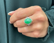 Load image into Gallery viewer, Vintage 14K White Gold Jade and Diamond Ring modeled on hand.