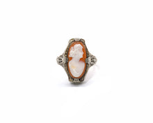 Load image into Gallery viewer, Vintage 14K White Gold Filigree Ring Set With Cameo