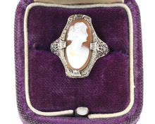 Load image into Gallery viewer, Vintage 14K White Gold Filigree Ring Set With Cameo