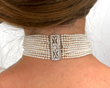Load image into Gallery viewer, Vintage 18K White Gold Pearl and Diamond Choker Necklace