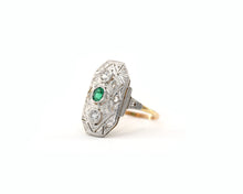 Load image into Gallery viewer, Vintage 18K Yellow Gold Ring With Platinum Top Set With Genuine Emerald and Diamonds.